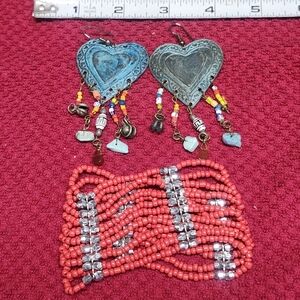 Bohemian Heart Earrings and Beaded Bracelet Set